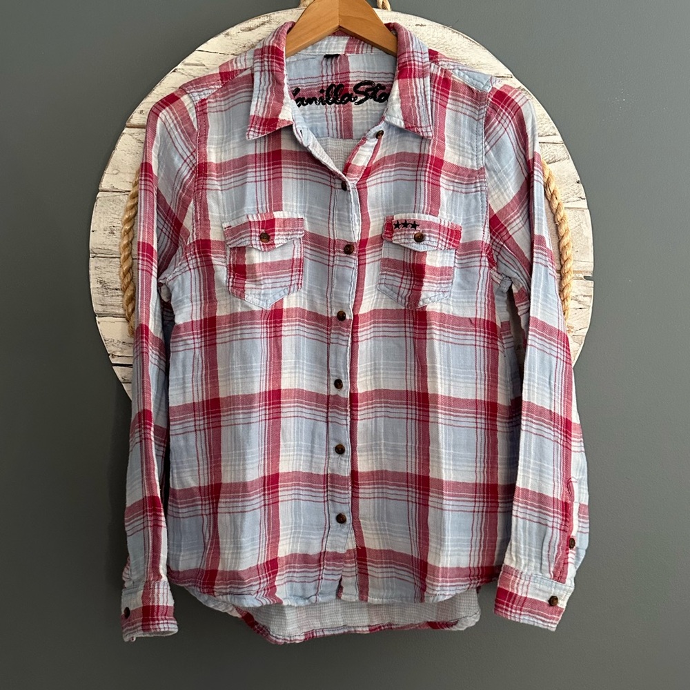 Red and White Plaid Button-Up Shirt